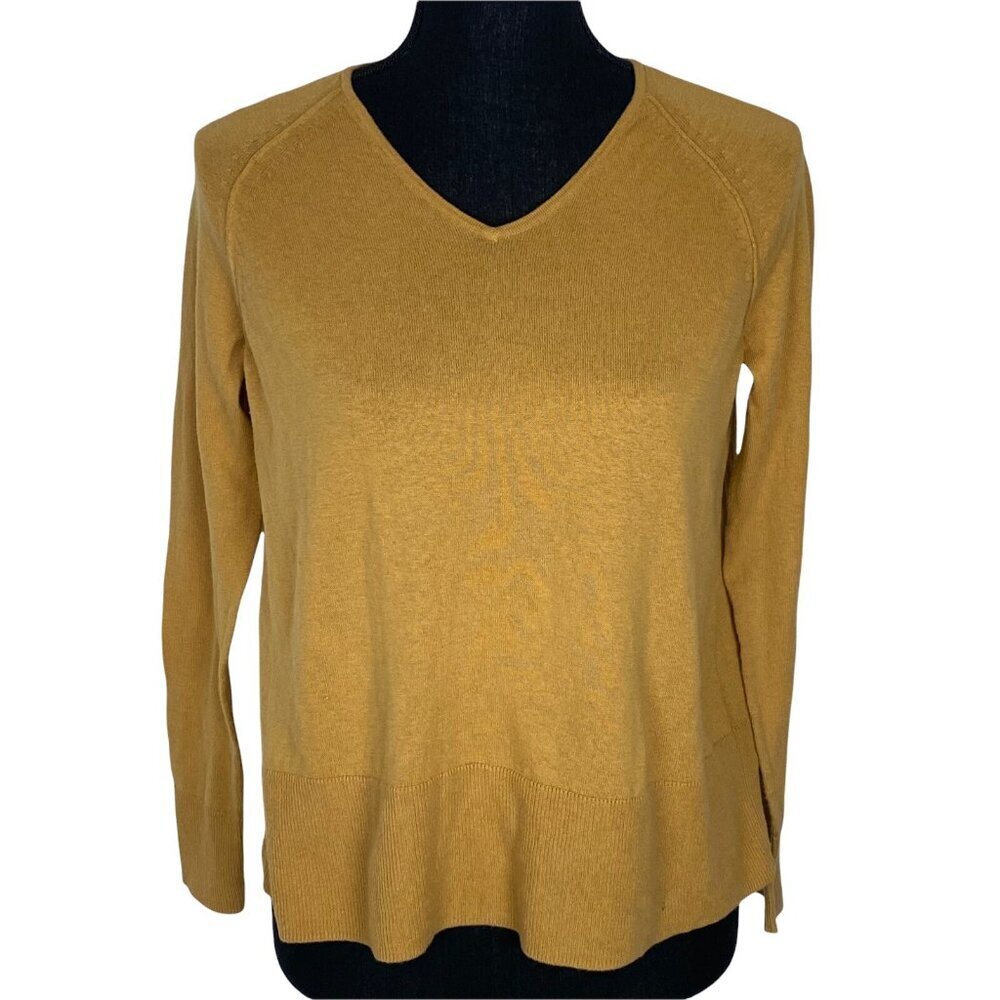 J. Jill Sweater Women XS Petite Yellow Silk Cotton V-Neck Long Sleeve Knit
